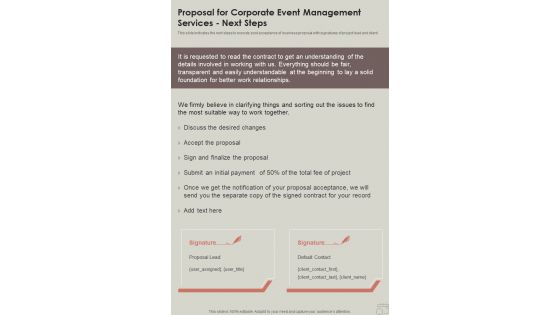 Proposal For Corporate Event Management Services Next Steps One Pager Sample Example Document