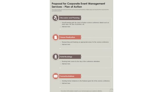 Proposal For Corporate Event Management Services Plan Of Action One Pager Sample Example Document
