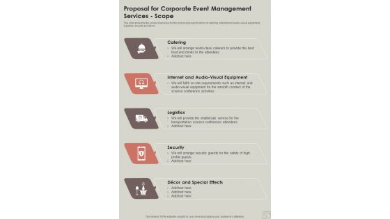 Proposal For Corporate Event Management Services Scope One Pager Sample Example Document