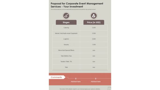 Proposal For Corporate Event Management Services Your Investment One Pager Sample Example Document