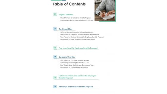 Proposal For Employee Benefits Table Of Contents One Pager Sample Example Document