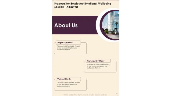 Proposal For Employee Emotional Wellbeing Session About Us One Pager Sample Example Document