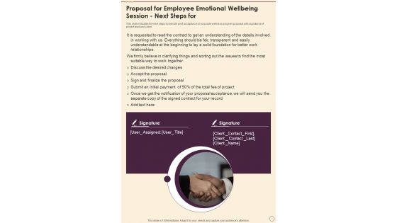 Proposal For Employee Emotional Wellbeing Session Next Steps For One Pager Sample Example Document