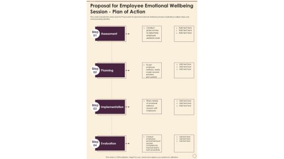 Proposal For Employee Emotional Wellbeing Session Plan Of Action One Pager Sample Example Document