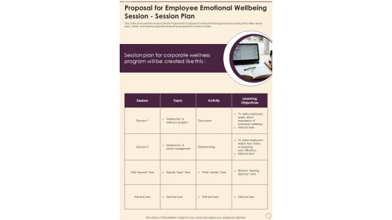 Proposal For Employee Emotional Wellbeing Session Session Plan One Pager Sample Example Document