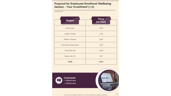 Proposal For Employee Emotional Wellbeing Session Your Investment One Pager Sample Example Document