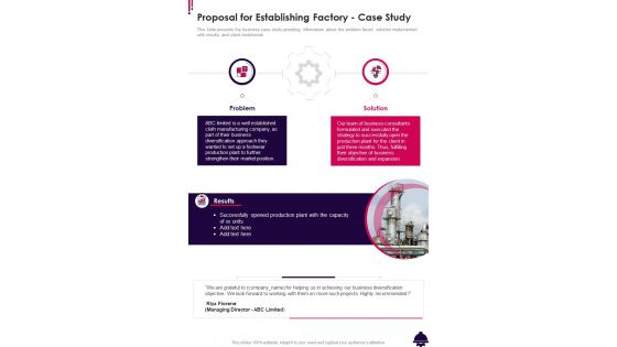 Proposal For Establishing Factory Case Study One Pager Sample Example Document