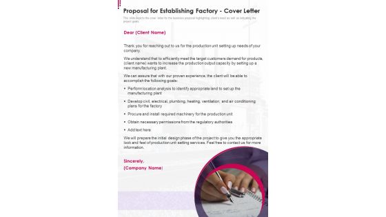 Proposal For Establishing Factory Cover Letter One Pager Sample Example Document