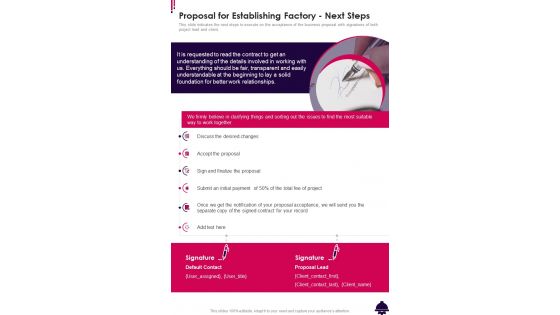 Proposal For Establishing Factory Next Steps One Pager Sample Example Document