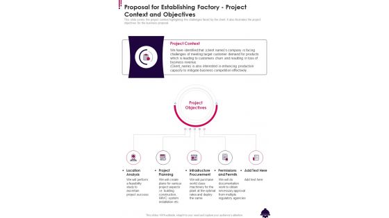 Proposal For Establishing Factory Project Context And Objectives One Pager Sample Example Document