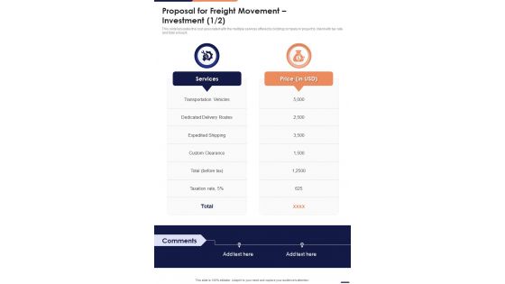 Proposal For Freight Movement Investment One Pager Sample Example Document