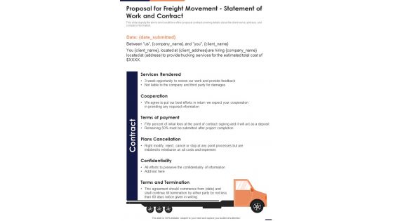 Proposal For Freight Movement Statement Of Work And Contract One Pager Sample Example Document