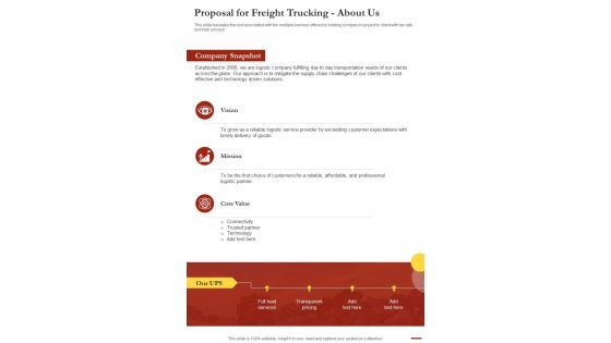 Proposal For Freight Trucking About Us One Pager Sample Example Document