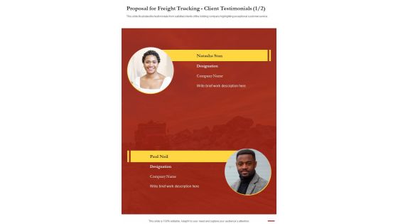 Proposal For Freight Trucking Client Testimonials One Pager Sample Example Document