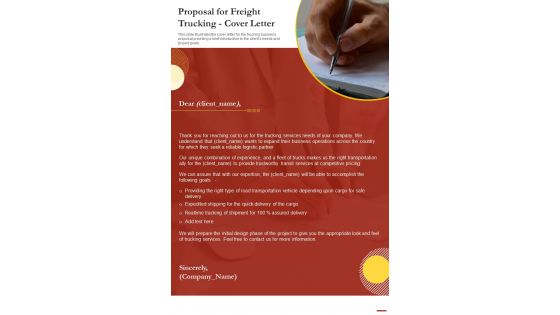 Proposal For Freight Trucking Cover Letter One Pager Sample Example Document