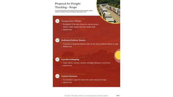 Proposal For Freight Trucking Scope One Pager Sample Example Document
