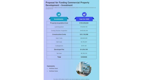 Proposal For Funding Commercial Property Development Investment One Pager Sample Example Document