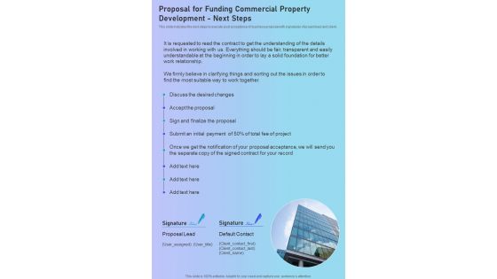 Proposal For Funding Commercial Property Development Next Steps One Pager Sample Example Document