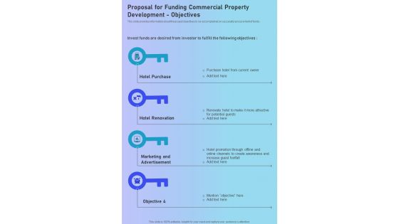 Proposal For Funding Commercial Property Development Objectives One Pager Sample Example Document