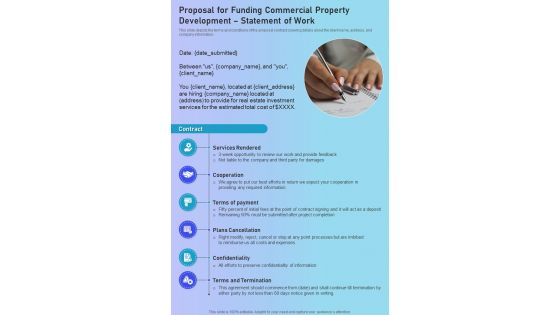 Proposal For Funding Commercial Property Development Statement Of Work One Pager Sample Example Document