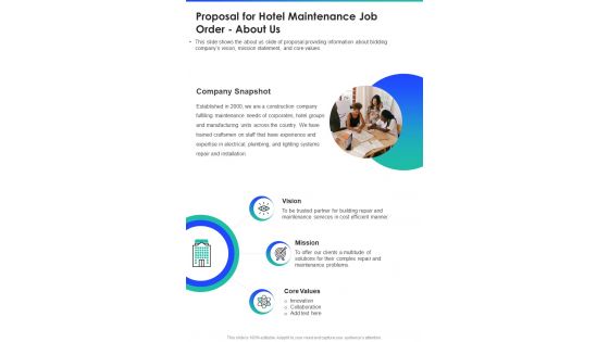 Proposal For Hotel Maintenance Job Order About Us One Pager Sample Example Document