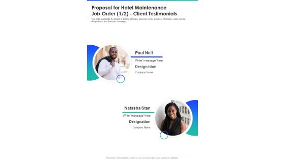 Proposal For Hotel Maintenance Job Order Client Testimonials One Pager Sample Example Document