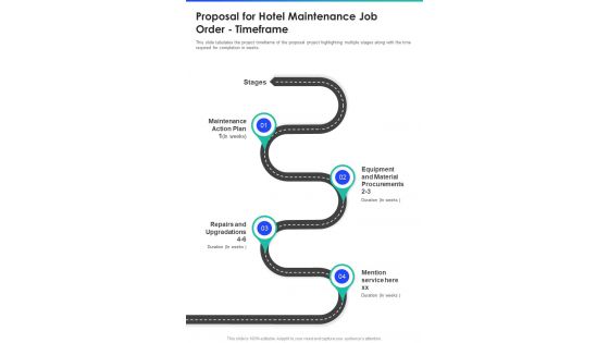 Proposal For Hotel Maintenance Job Order Timeframe One Pager Sample Example Document