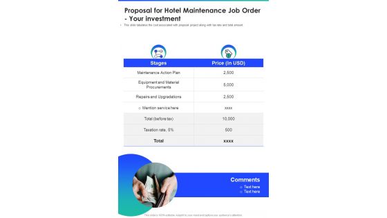 Proposal For Hotel Maintenance Job Order Your Investment One Pager Sample Example Document