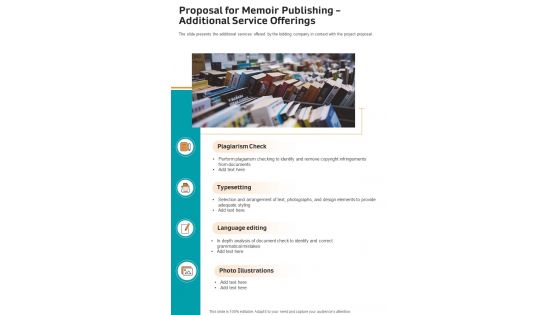 Proposal For Memoir Publishing Additional Service Offerings One Pager Sample Example Document