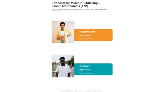Proposal For Memoir Publishing Client Testimonials One Pager Sample Example Document