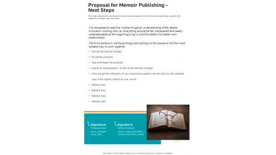 Proposal For Memoir Publishing Next Steps One Pager Sample Example Document