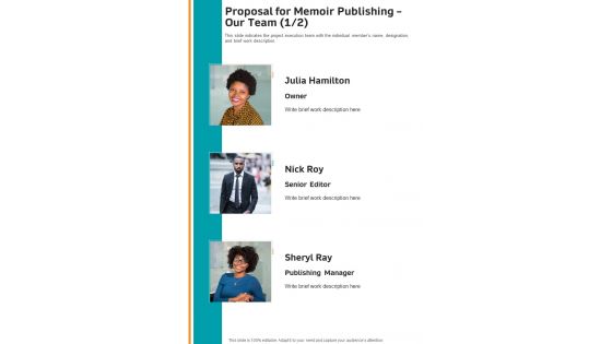 Proposal For Memoir Publishing Our Team One Pager Sample Example Document