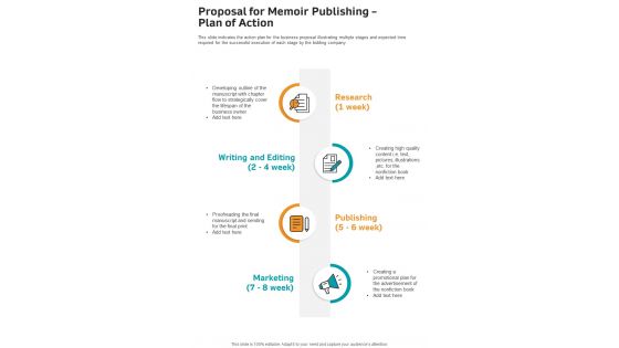 Proposal For Memoir Publishing Plan Of Action One Pager Sample Example Document