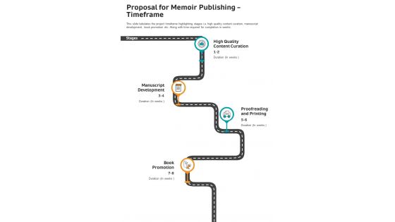Proposal For Memoir Publishing Timeframe One Pager Sample Example Document
