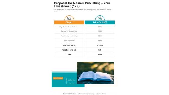 Proposal For Memoir Publishing Your Investment One Pager Sample Example Document