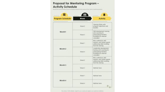 Proposal For Mentoring Program Activity Schedule One Pager Sample Example Document