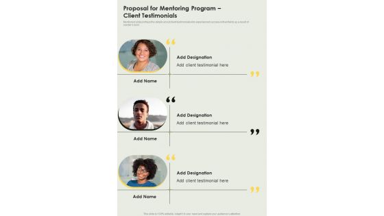 Proposal For Mentoring Program Client Testimonials One Pager Sample Example Document