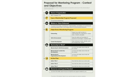 Proposal For Mentoring Program Context And Objectives One Pager Sample Example Document