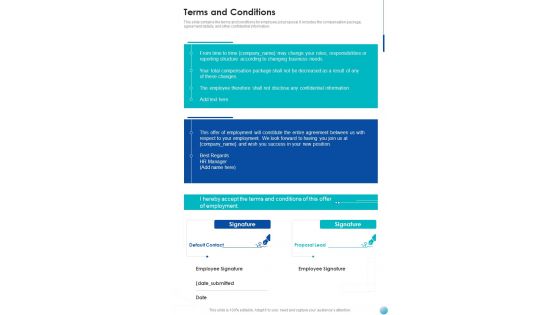 Proposal For New Job Position Terms And Conditions One Pager Sample Example Document