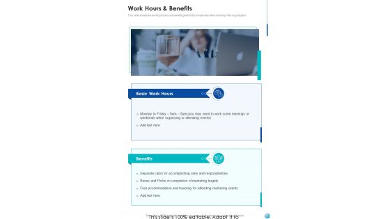Proposal For New Job Position Work Hours And Benefits One Pager Sample Example Document