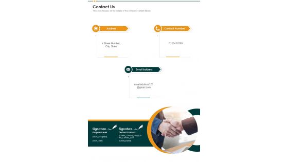 Proposal For New Product Marketing Contact Us One Pager Sample Example Document
