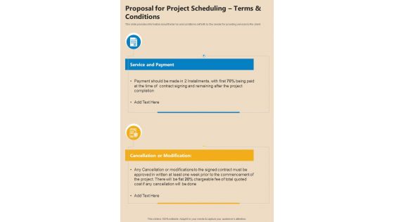 Proposal For Project Scheduling Terms And Conditions One Pager Sample Example Document
