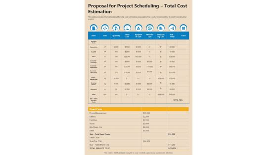 Proposal For Project Scheduling Total Cost Estimation One Pager Sample Example Document