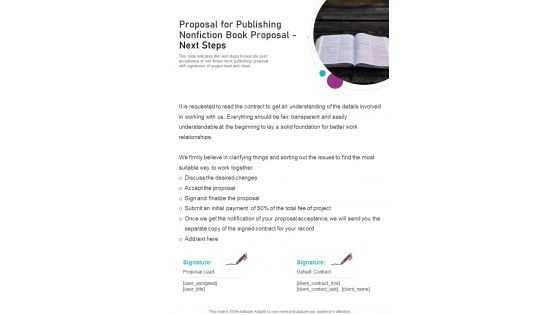 Proposal For Publishing Nonfiction Book Proposal Next Steps One Pager Sample Example Document