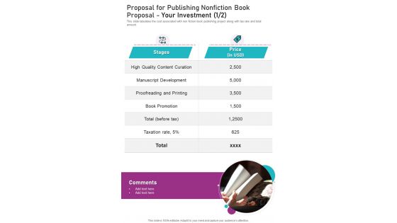 Proposal For Publishing Nonfiction Book Proposal Your Investment One Pager Sample Example Document