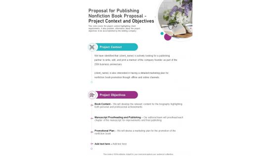 Proposal For Publishing Nonfiction Project Context And Objectives One Pager Sample Example Document