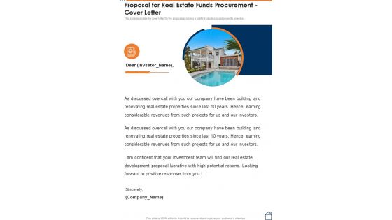 Proposal For Real Estate Funds Procurement Cover Letter One Pager Sample Example Document