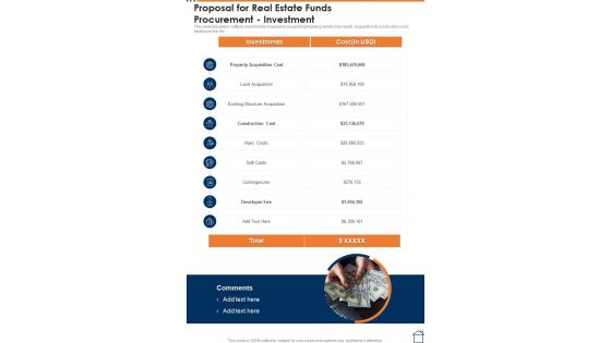 Proposal For Real Estate Funds Procurement Investment One Pager Sample Example Document