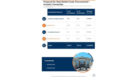 Proposal For Real Estate Funds Procurement Investor Ownership One Pager Sample Example Document
