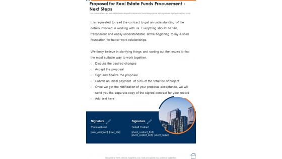 Proposal For Real Estate Funds Procurement Next Steps One Pager Sample Example Document